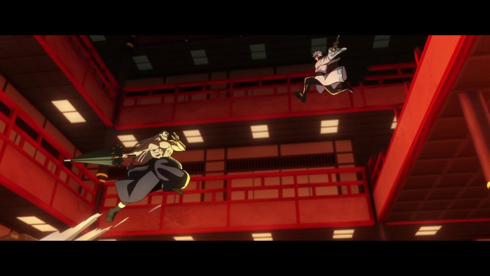 《新劇場版 銀魂 -吉原大炎上-》劇照　銀時於屋頂跳躍揮刀　背景為吉原燈火